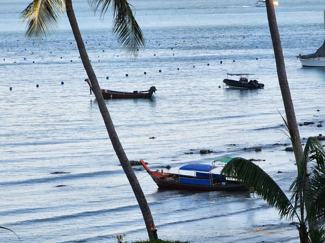 longtail boats moored at low tide