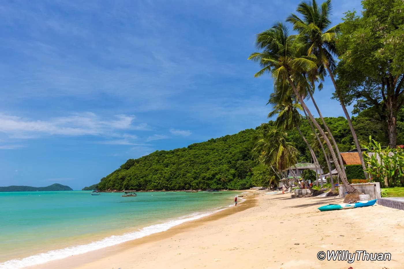 the bay's sand and turquoise water, the headland behind