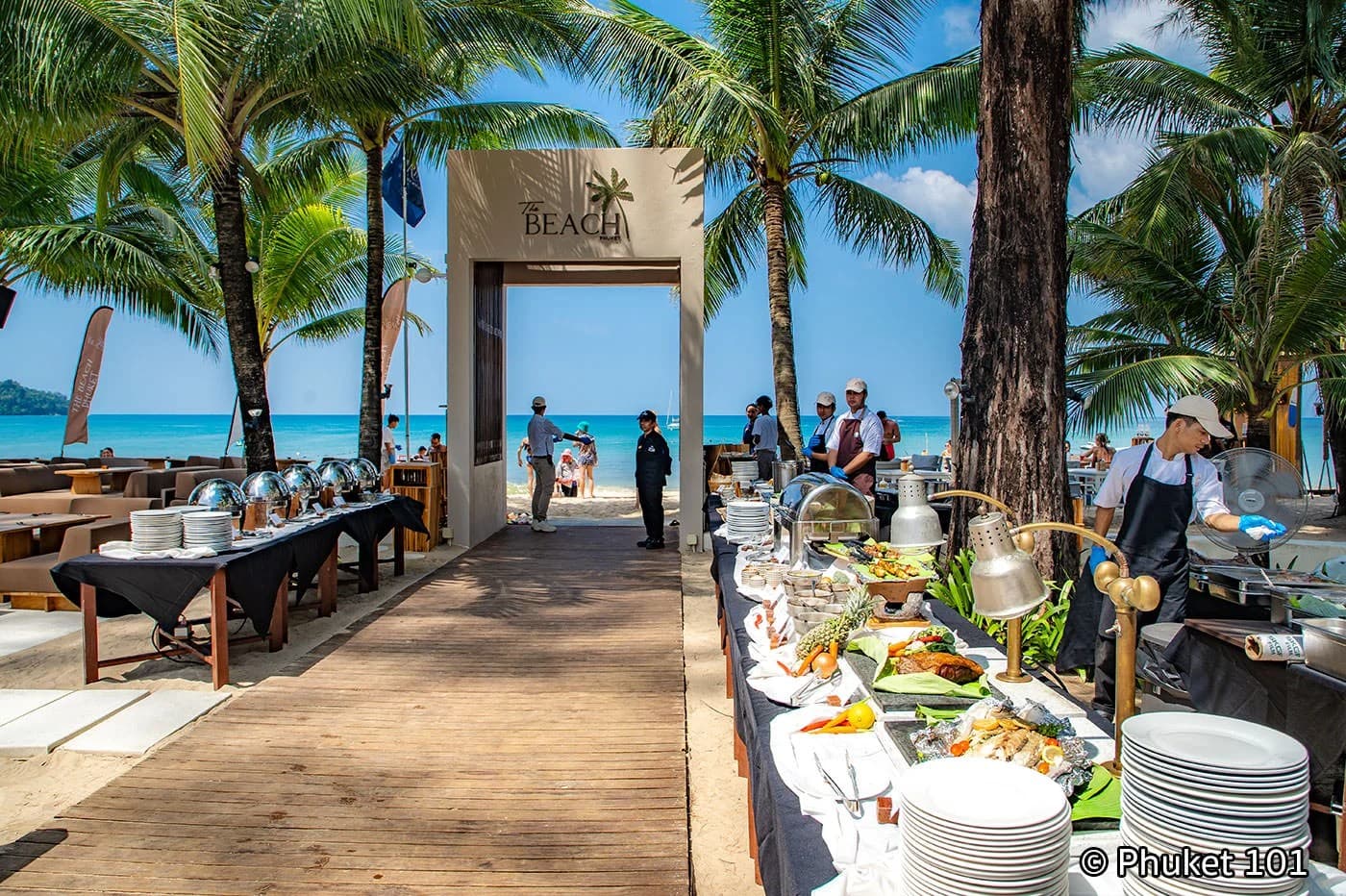 The Beach Phuket: the entrance deck and the brunch buffet