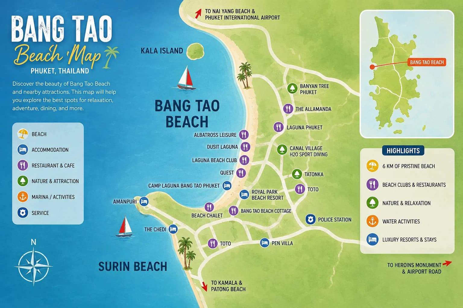 an illustrated map of Bang Tao Beach: a stylised bay with icons and labels