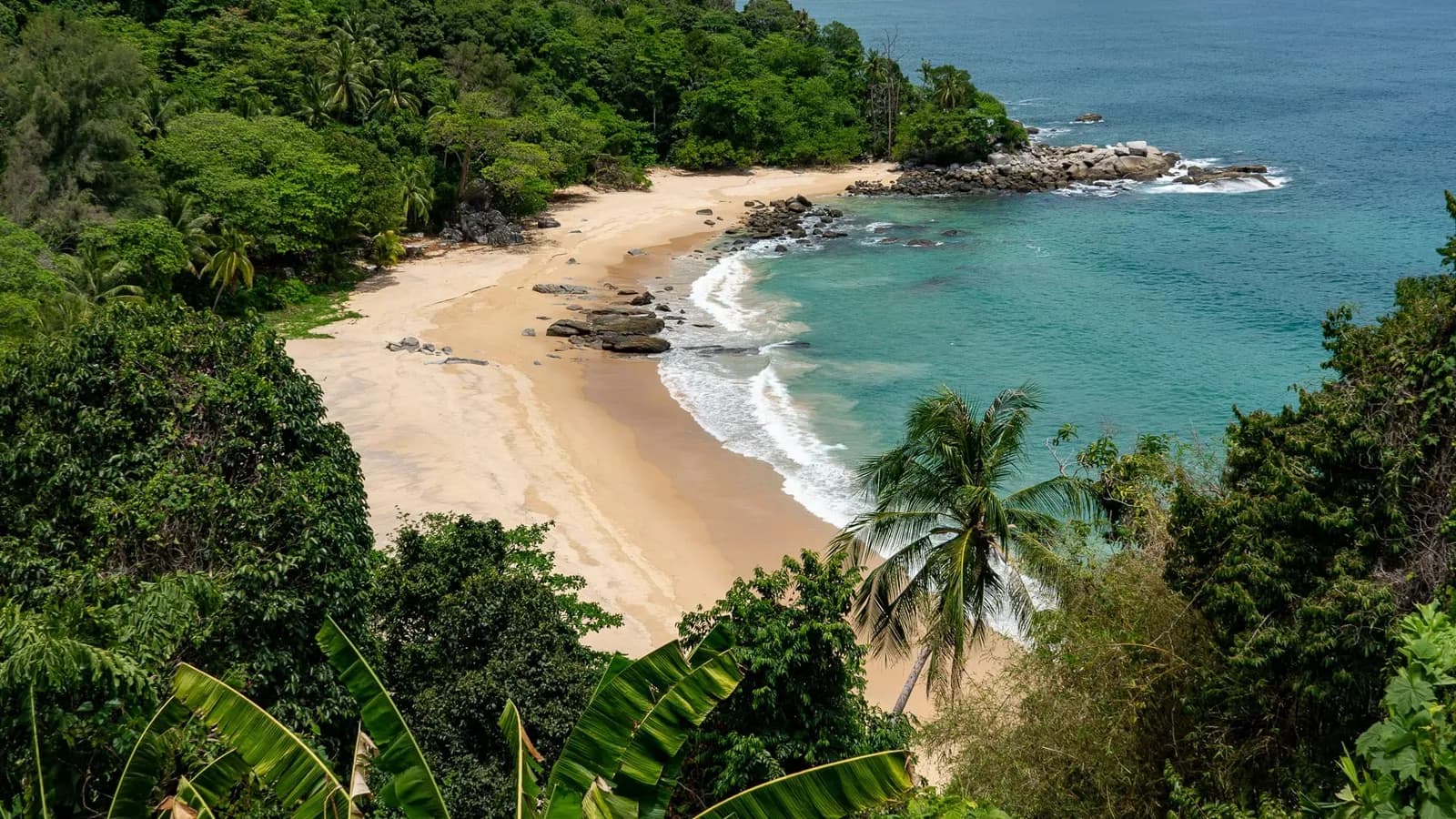 the cove from above, sand curving into turquoise water
