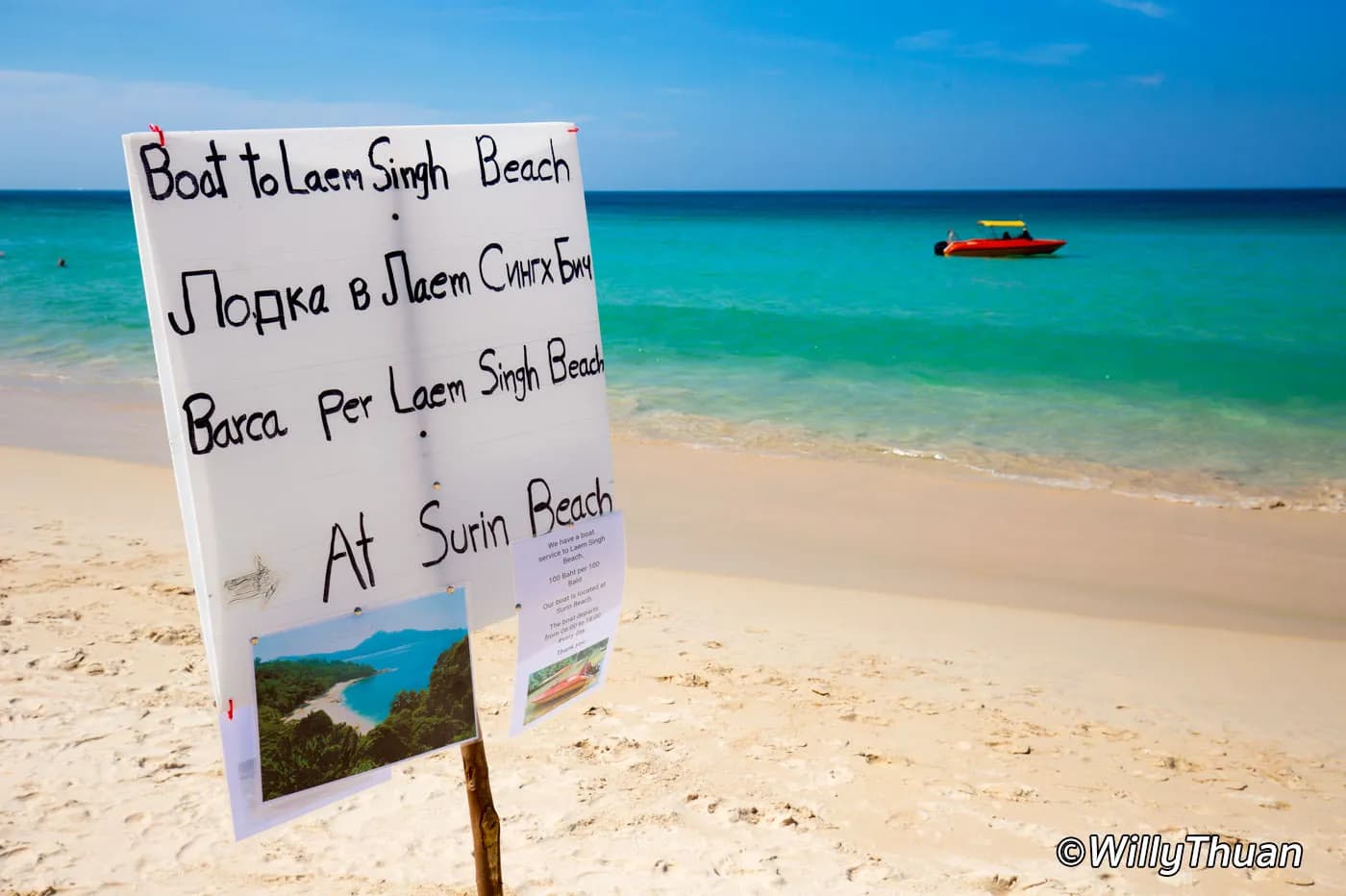 the sign at Surin beach for the boats to Laem Singh