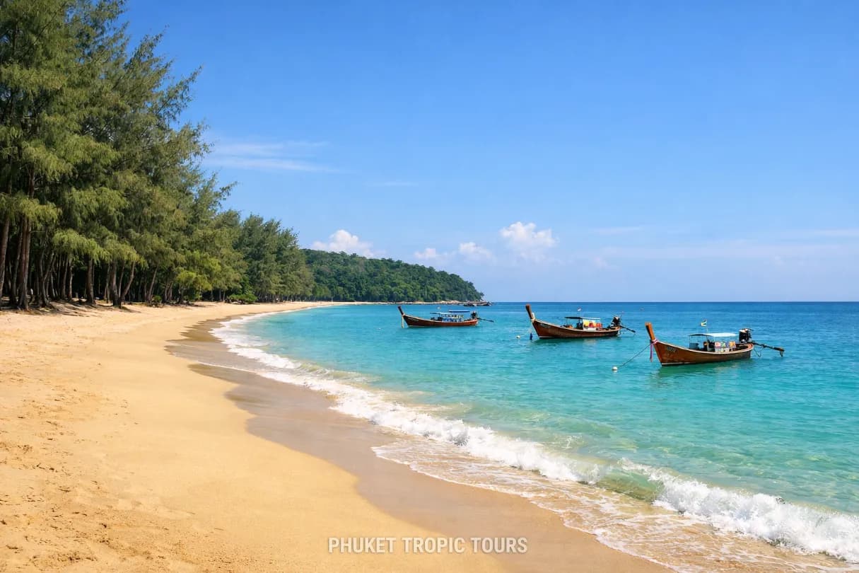 longtail boats along the shore