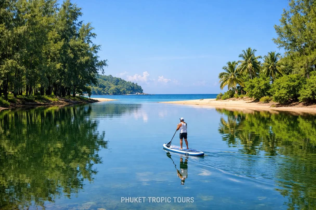 paddle-boarding in the calm water by the islet