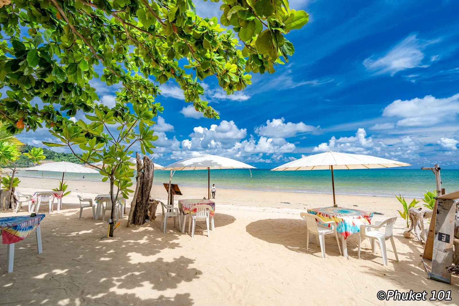 umbrellas and tables on the sand by the water