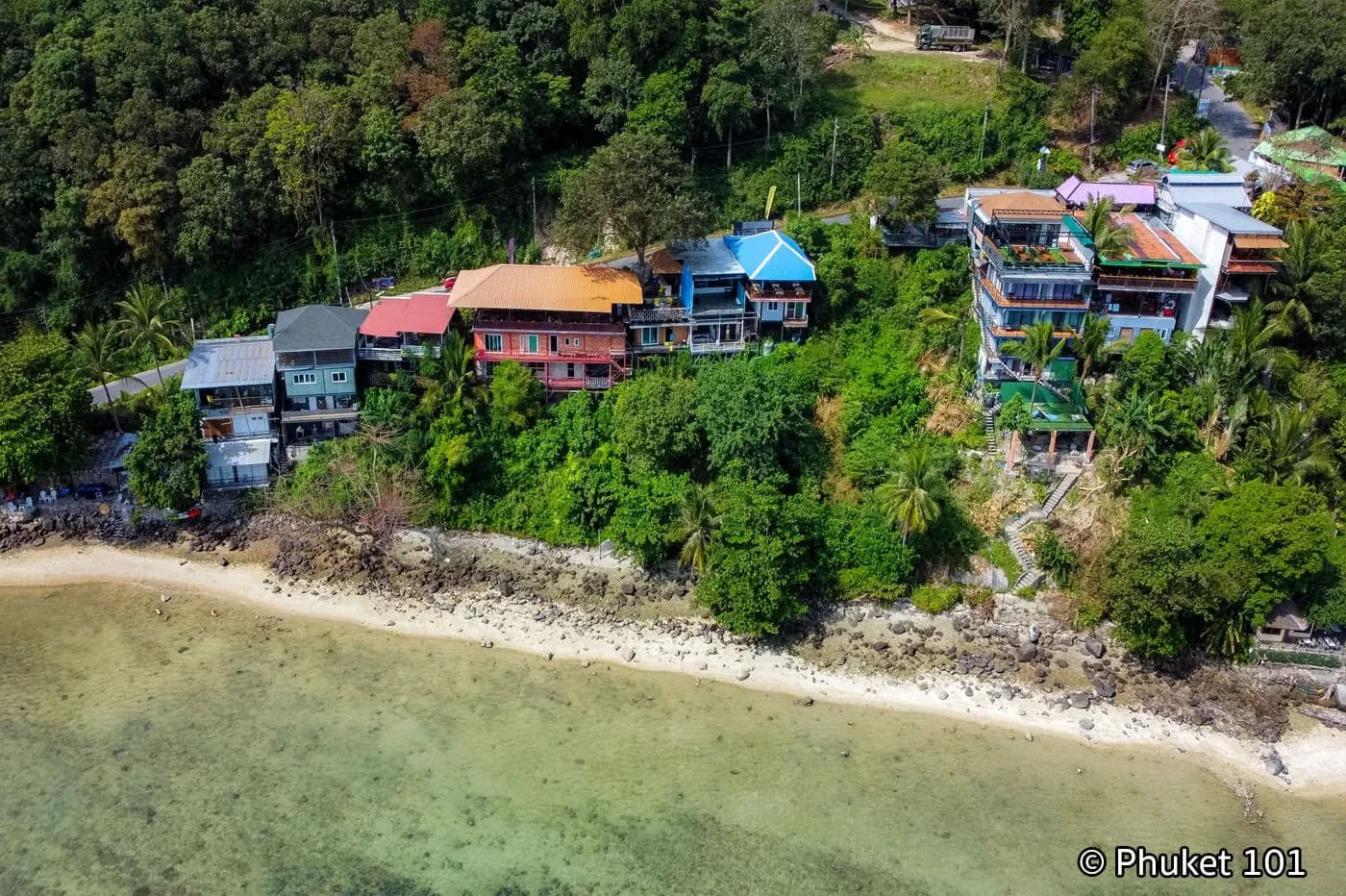 the beach and the hillside houses from above